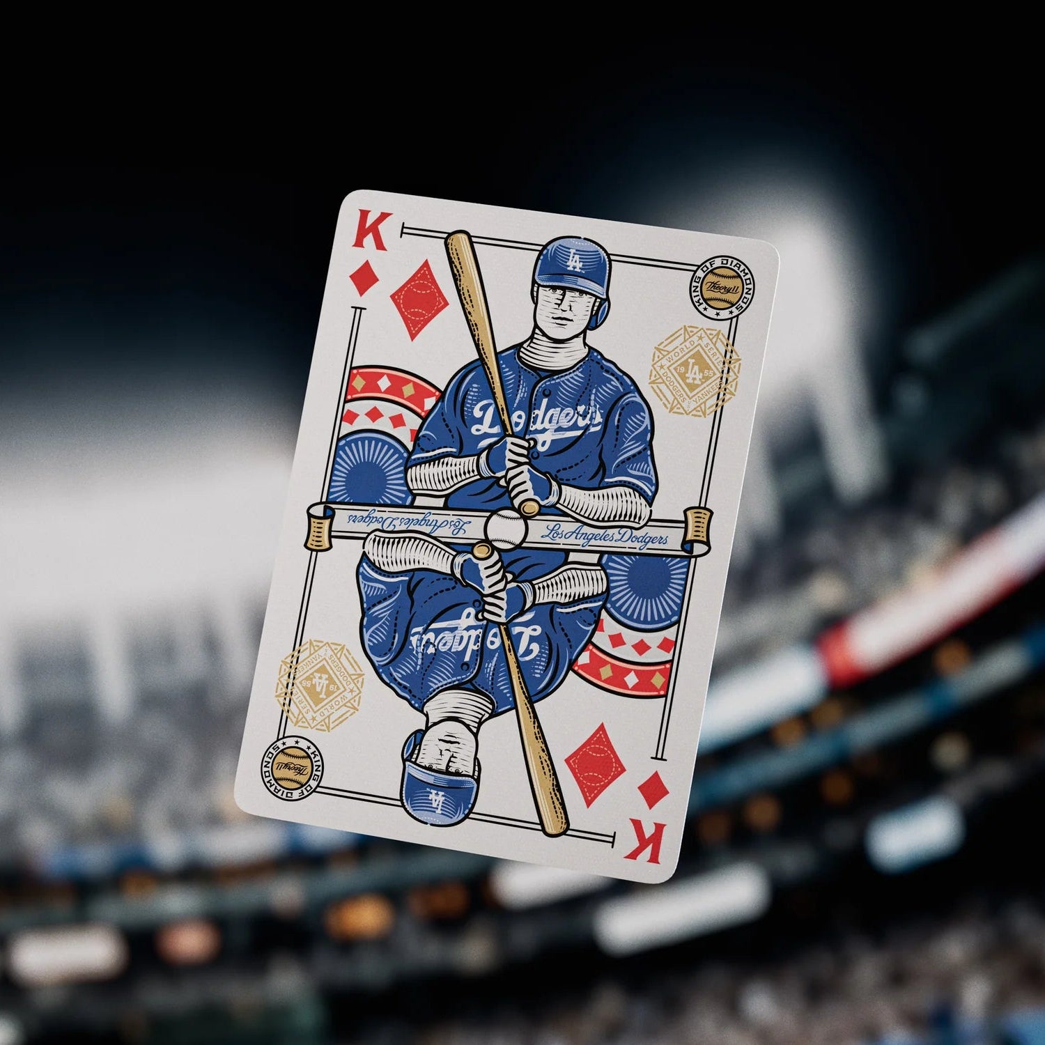 King of diamonds batter from Dodgers deck floating against a blurred stadium crowd at night.