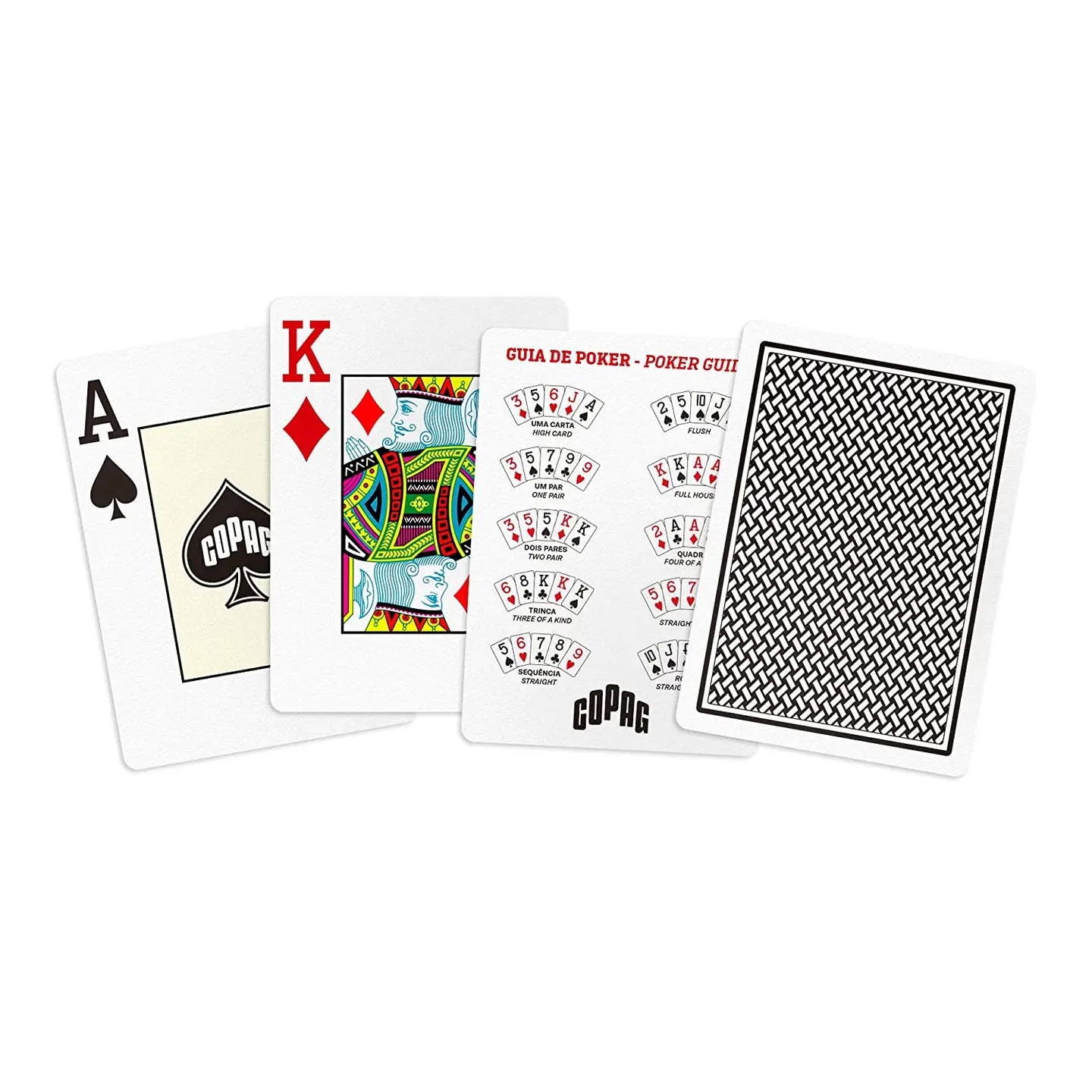 Collection of playing cards with various designs on a white background