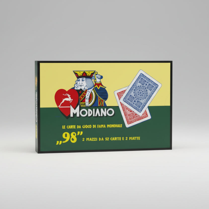 Modiano 98 playing cards packaging with a king of hearts design on a yellow and green background