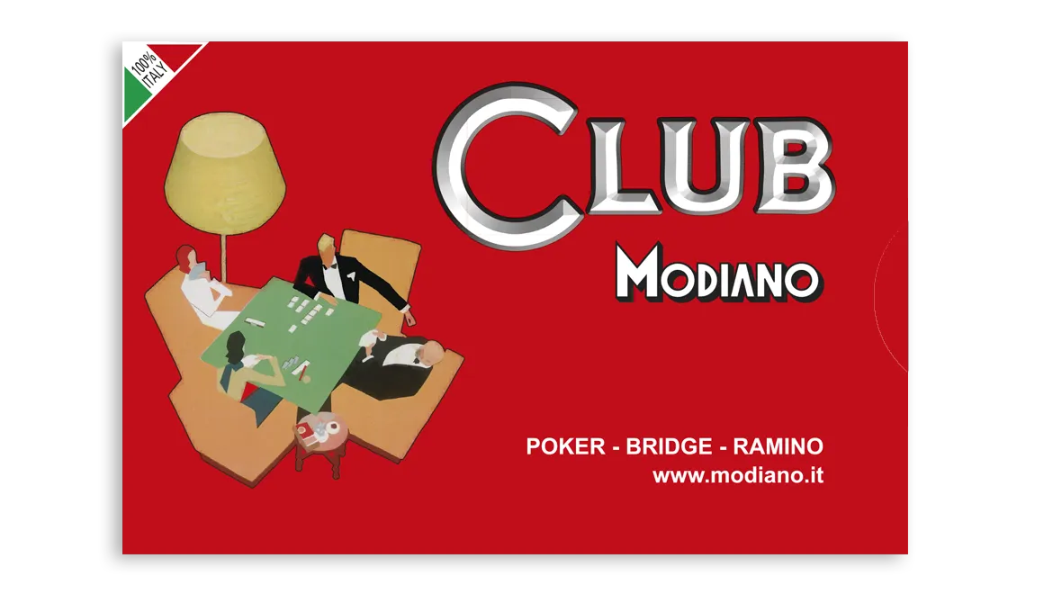 Red card game box with 'Club Modiano' branding and poker-themed illustration.
