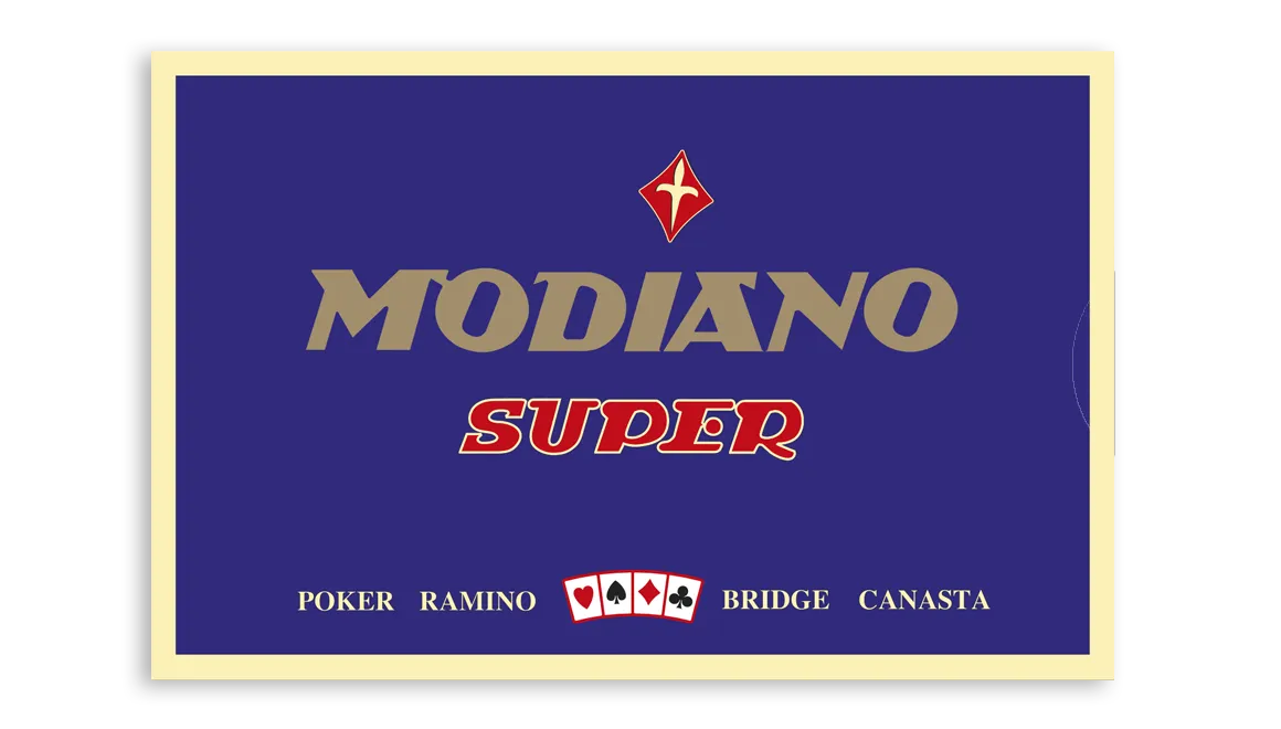 Modiano Super card game packaging with blue background and yellow border