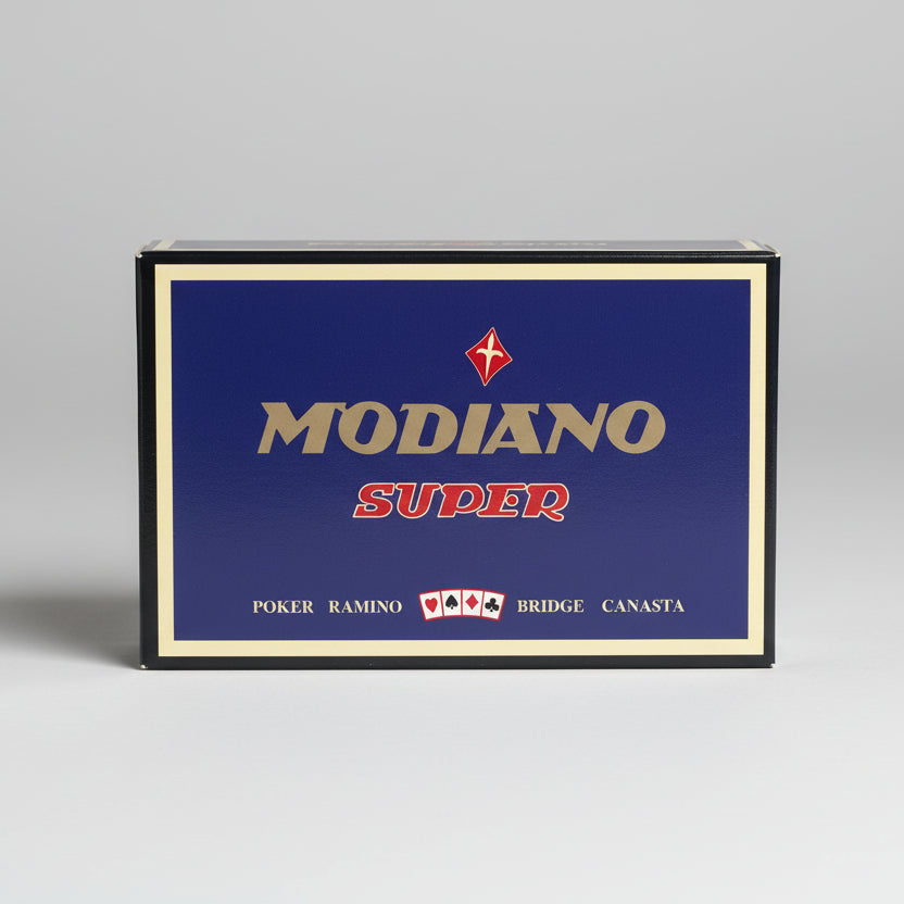 Modiano Super card game packaging with blue background and yellow border