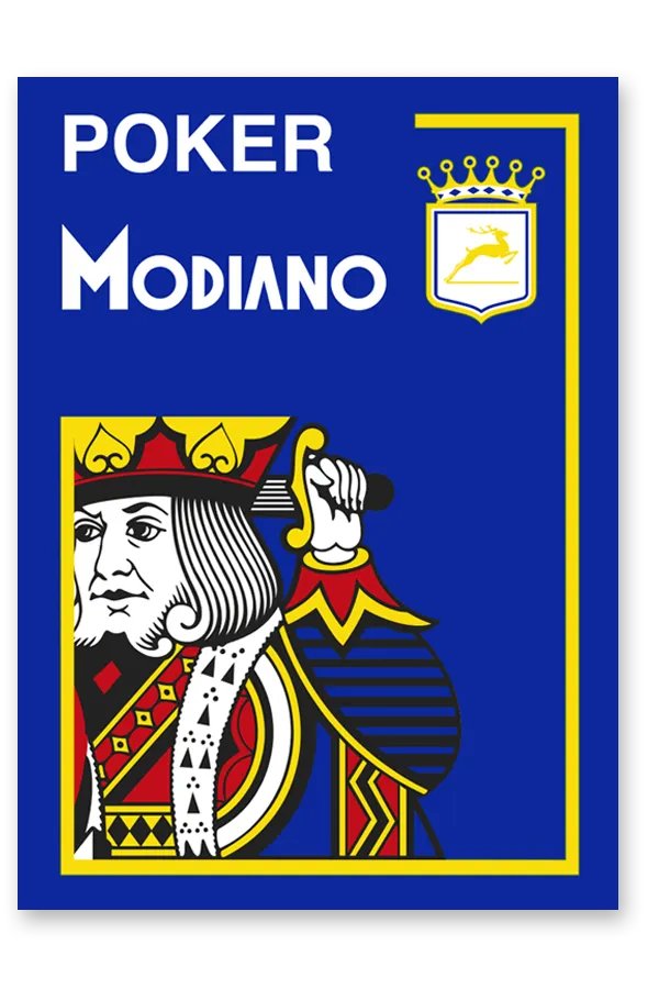 Poker Modiano packaging with a king of hearts illustration on a blue background