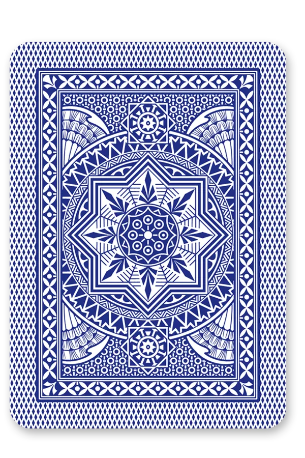 Blue and white playing card with intricate geometric pattern