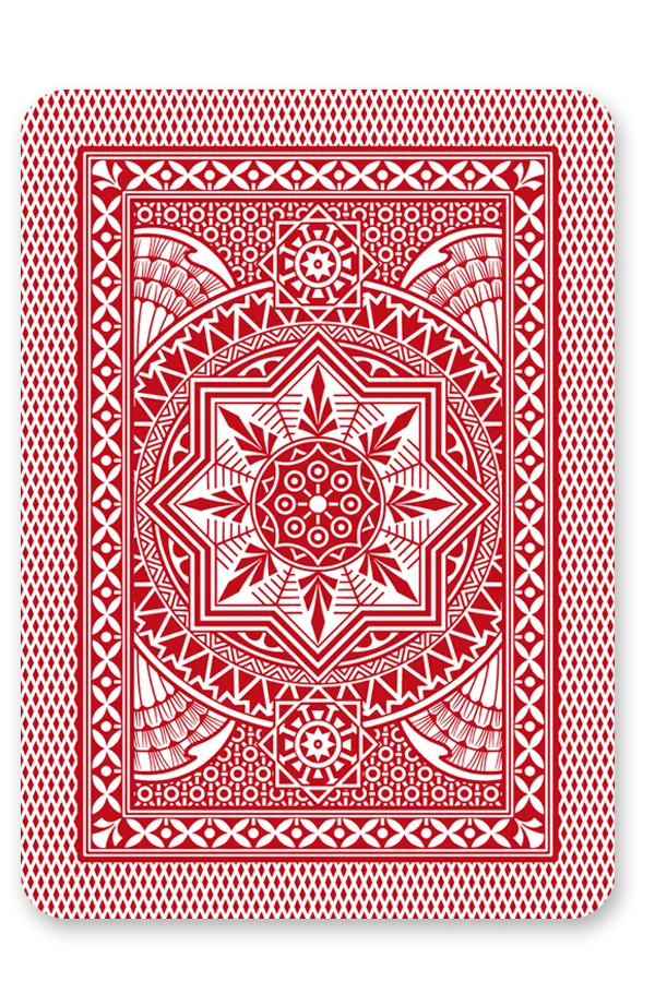 Red and white playing card with intricate geometric pattern