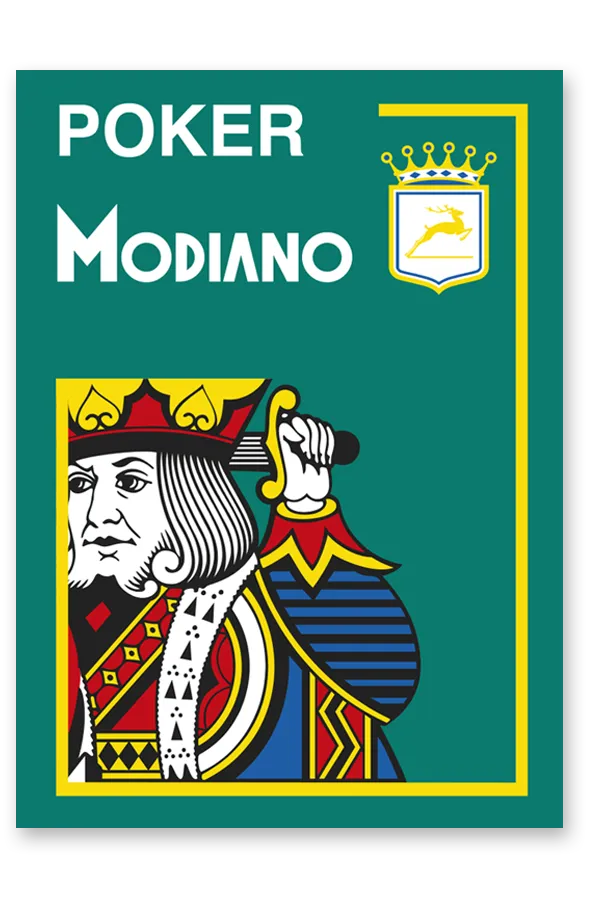 Poker Modiano packaging with a king illustration on a green background