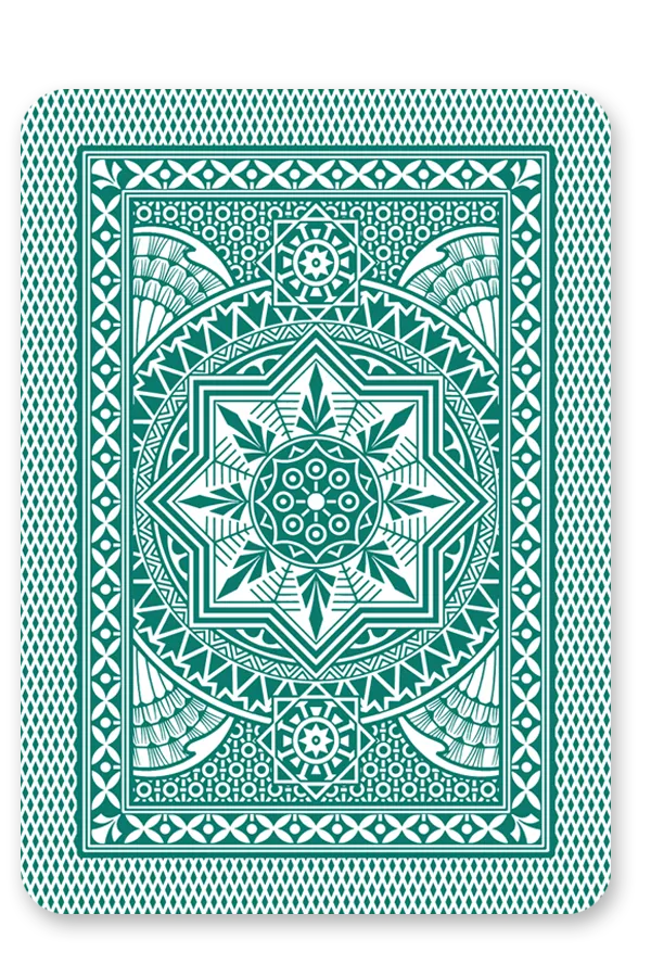 Teal playing card with intricate geometric pattern on a white background