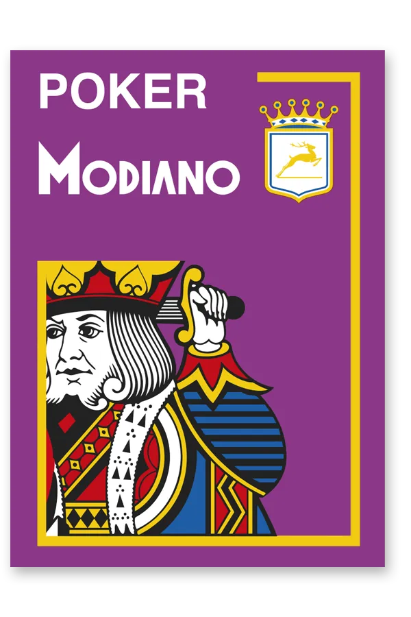 Poker Modiano card with a purple background and king of hearts design.