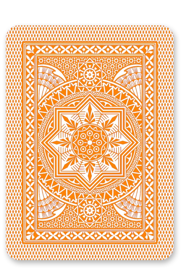 Orange and white playing card with intricate geometric pattern on a white background