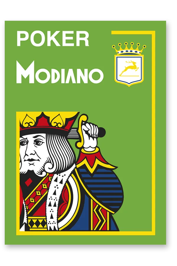 Poker Modiano card deck packaging with a green background and king of hearts illustration.
