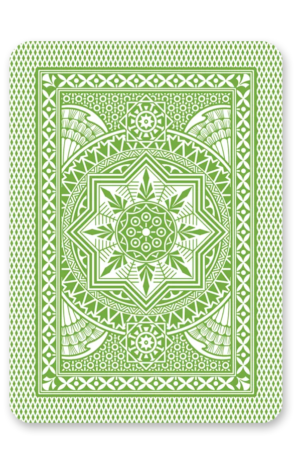 Green playing card with intricate white patterns on a white background