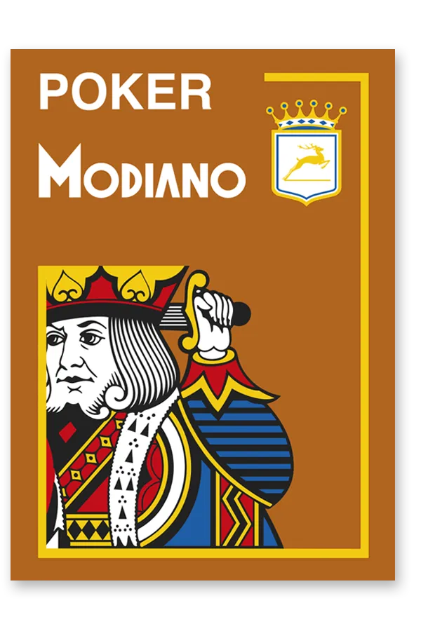 Modiano poker card packaging with a king illustration on a brown background