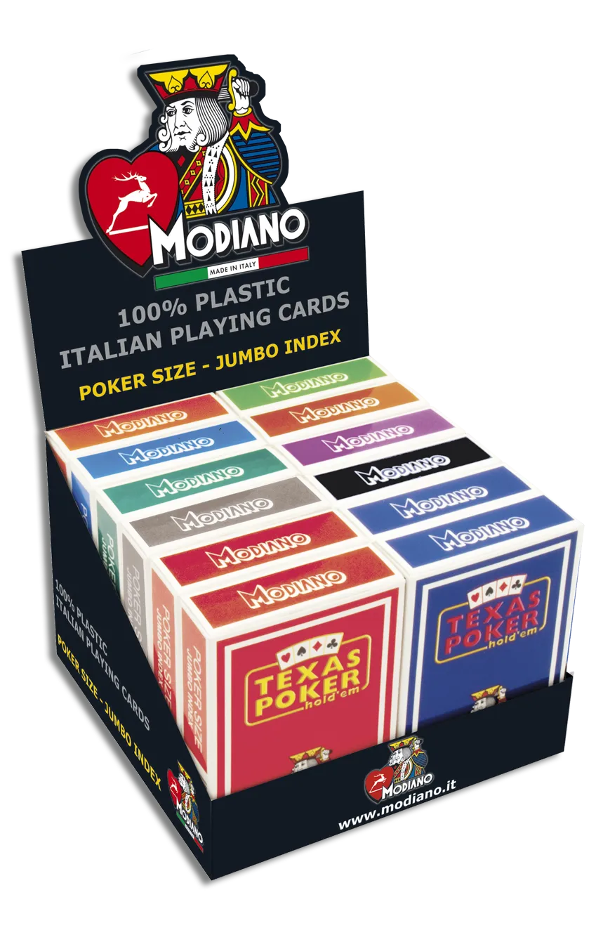 Display of Modiano Italian playing cards with various colors and sizes.