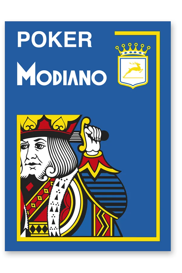 Modiano poker card with a king illustration on a blue background