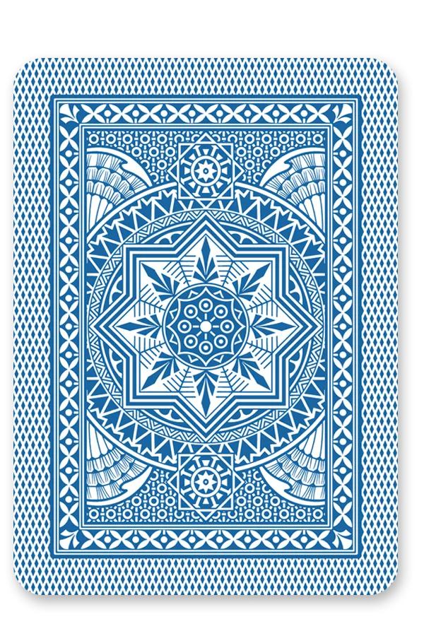 Blue and white playing card with intricate geometric pattern