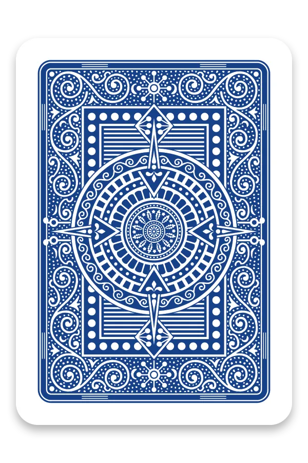 Blue playing card with intricate design on a white background