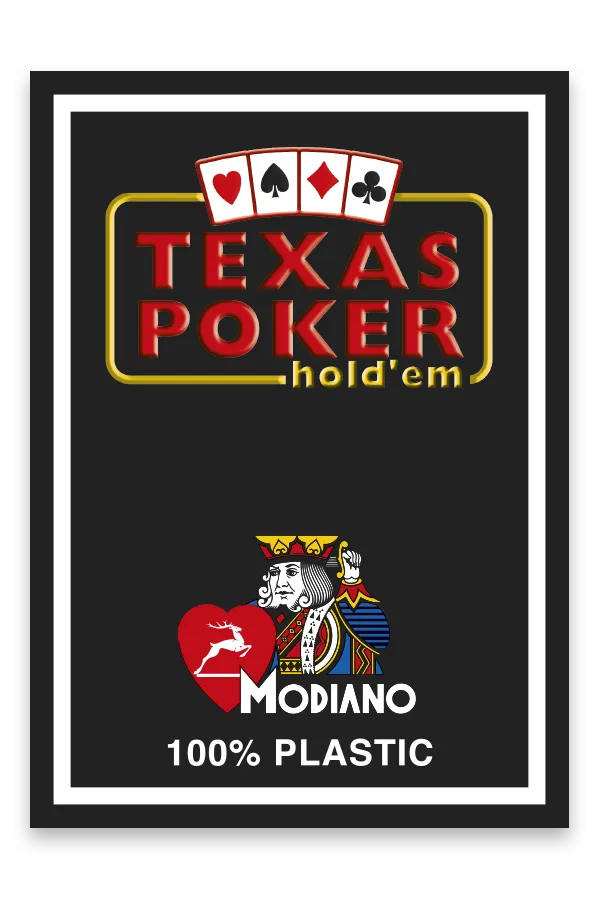 Texas Poker hold'em Modiano card packaging with logo and text on a black background
