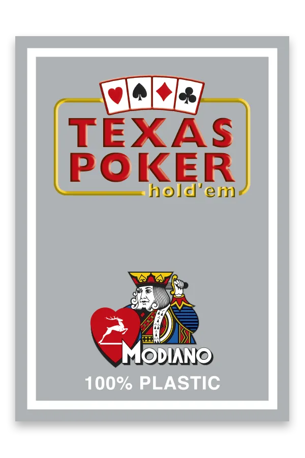 Texas Hold'em poker card with Modiano branding on a gray background