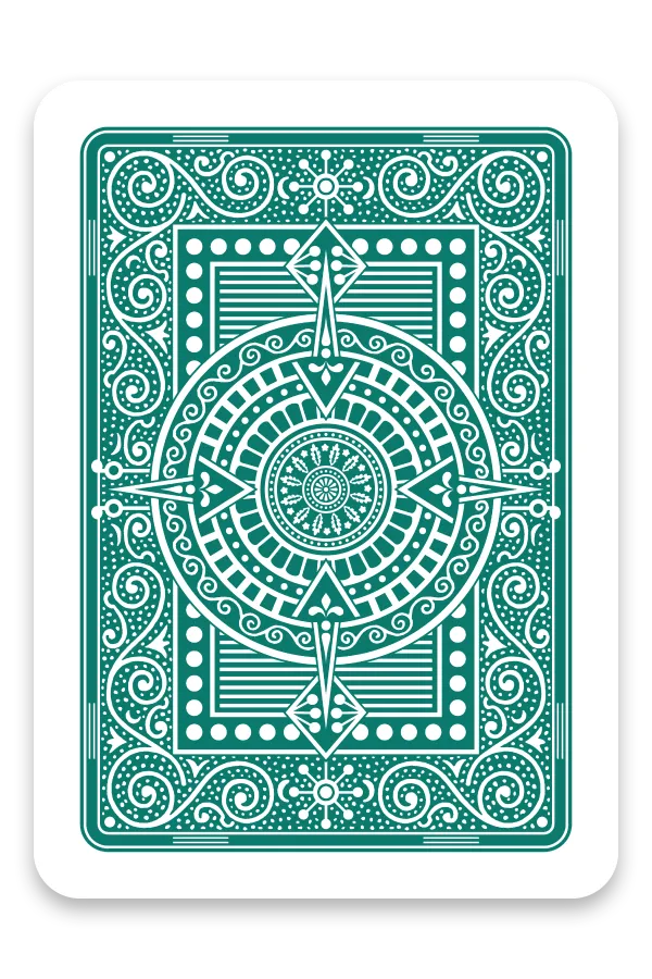 Green playing card with intricate design on a white background