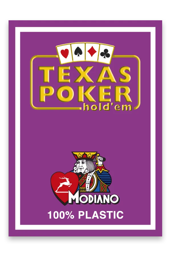 Card game packaging for Texas Hold'em with Modiano branding on a purple background
