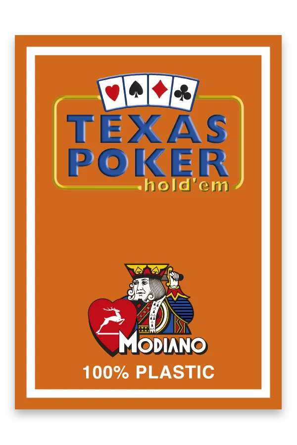 Texas Poker hold'em card deck with Modiano logo on an orange background