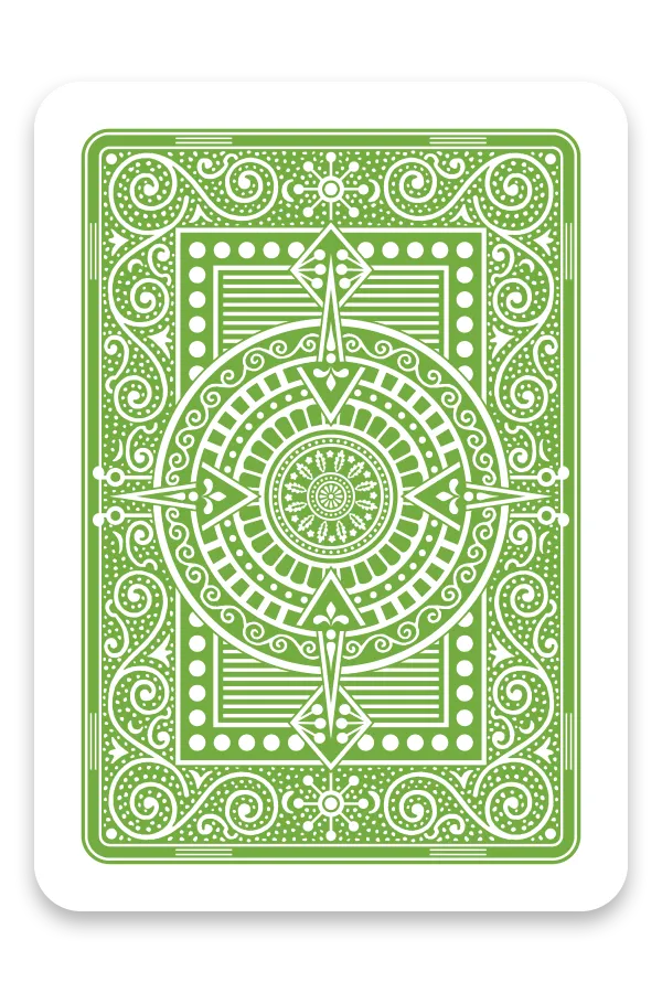 Green playing card with intricate patterns on a white background