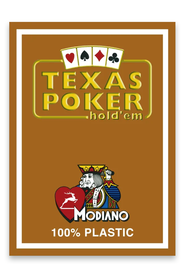 Texas Poker hold'em card with Modiano logo on a brown background