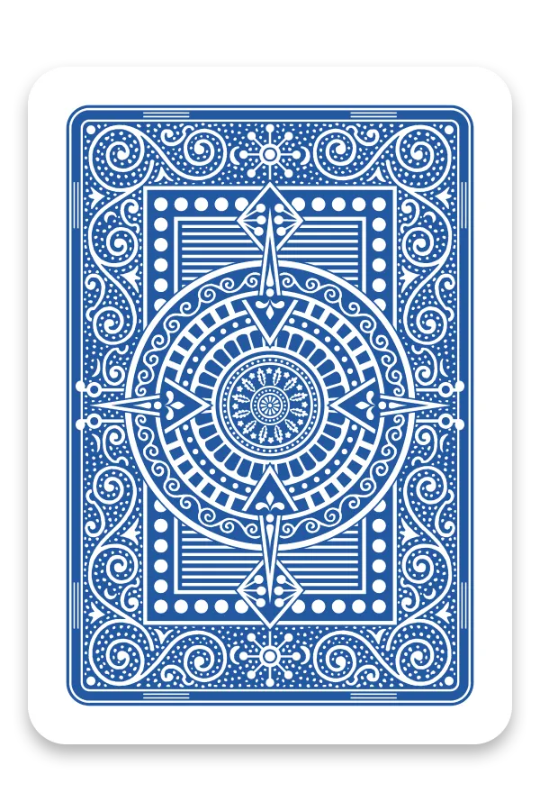 Blue playing card with intricate white designs on a white background