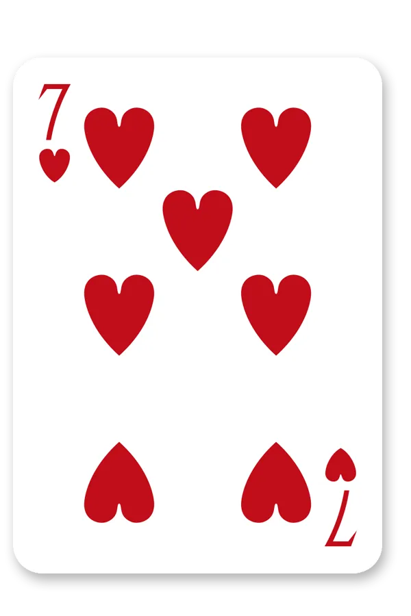 Card with the number 7 and red hearts on a white background