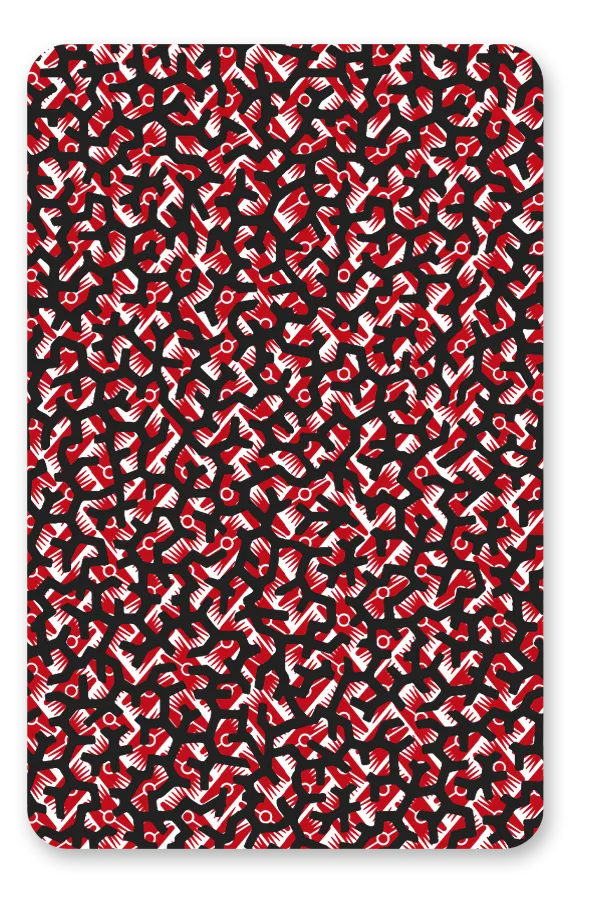 Patterned product with red and black design on a white background