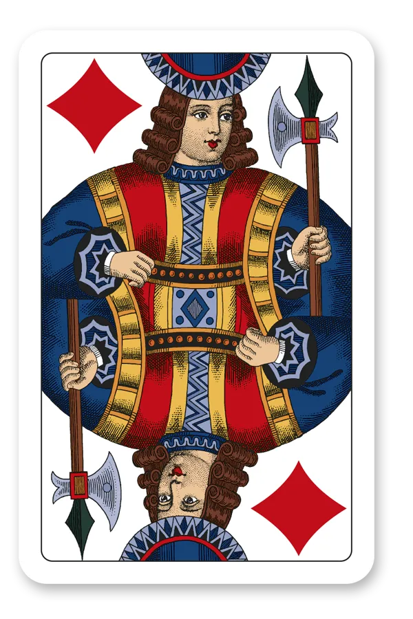 Playing card featuring a character in elaborate armor with diamond symbols