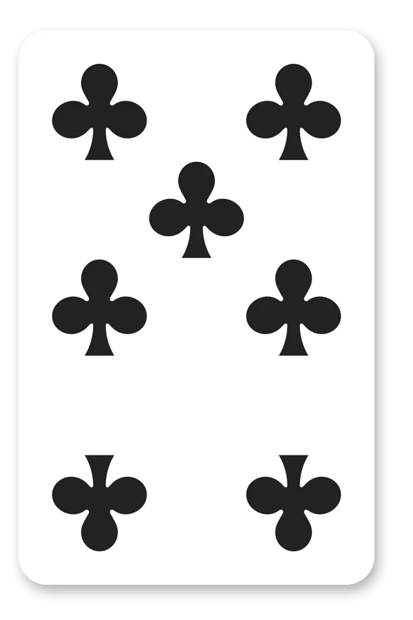 Card with seven black clump symbols on a white background