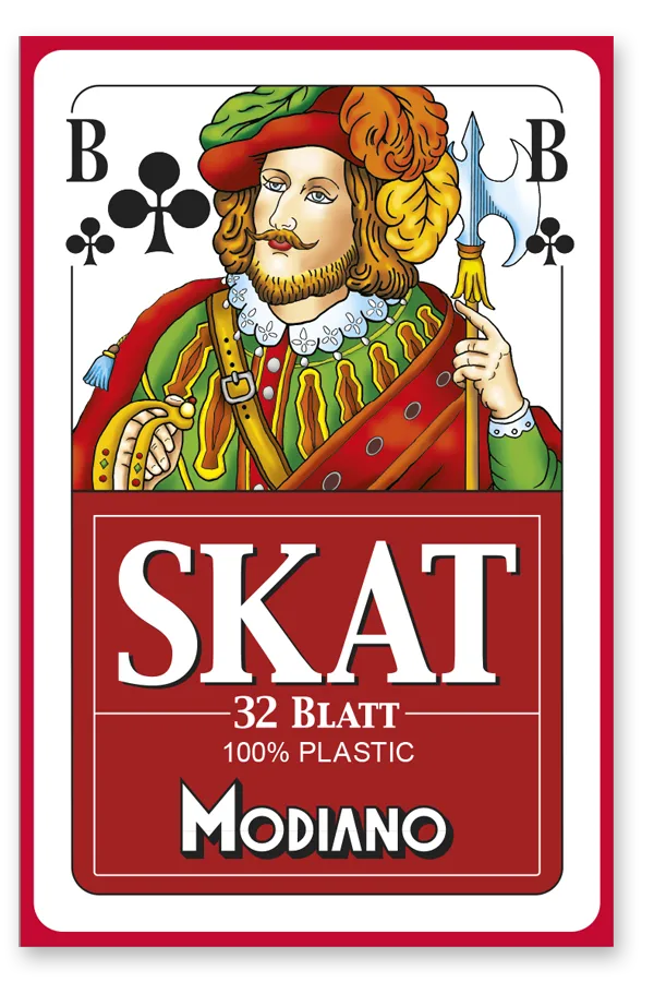 Playing card packaging for Modiano Skat cards with a character holding a spear and shield.