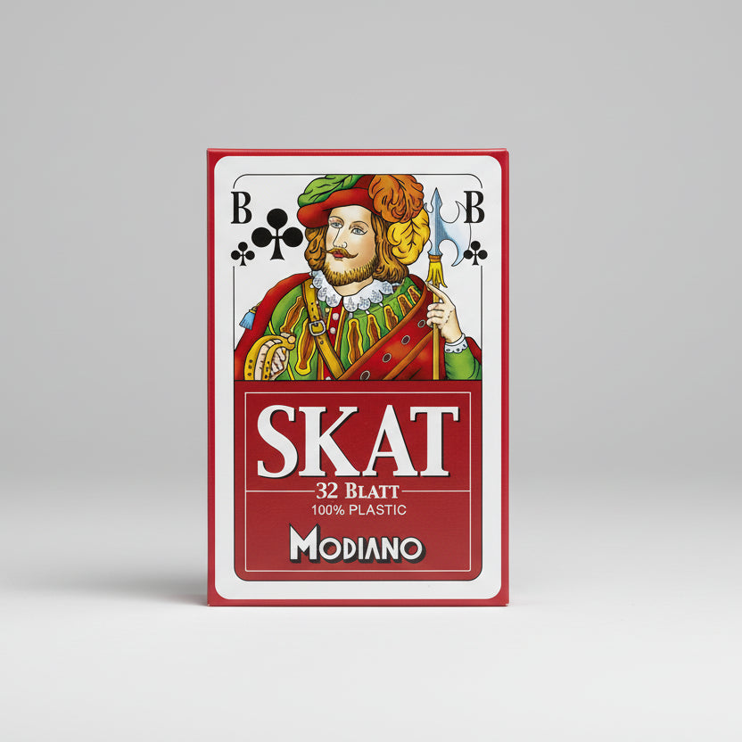 Playing card packaging for Modiano Skat cards with a character holding a spear and shield.