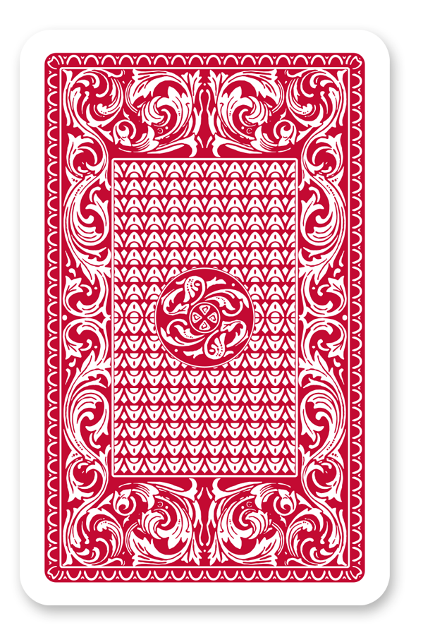 Red and white Modiano Skat playing card with intricate border design on a white background