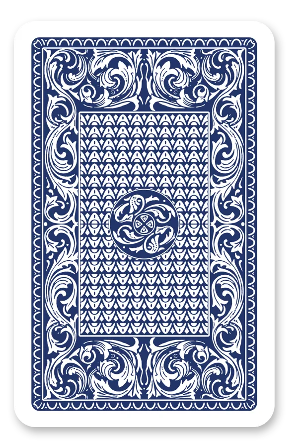 Blue and white Modiano Skat playing card with intricate patterns