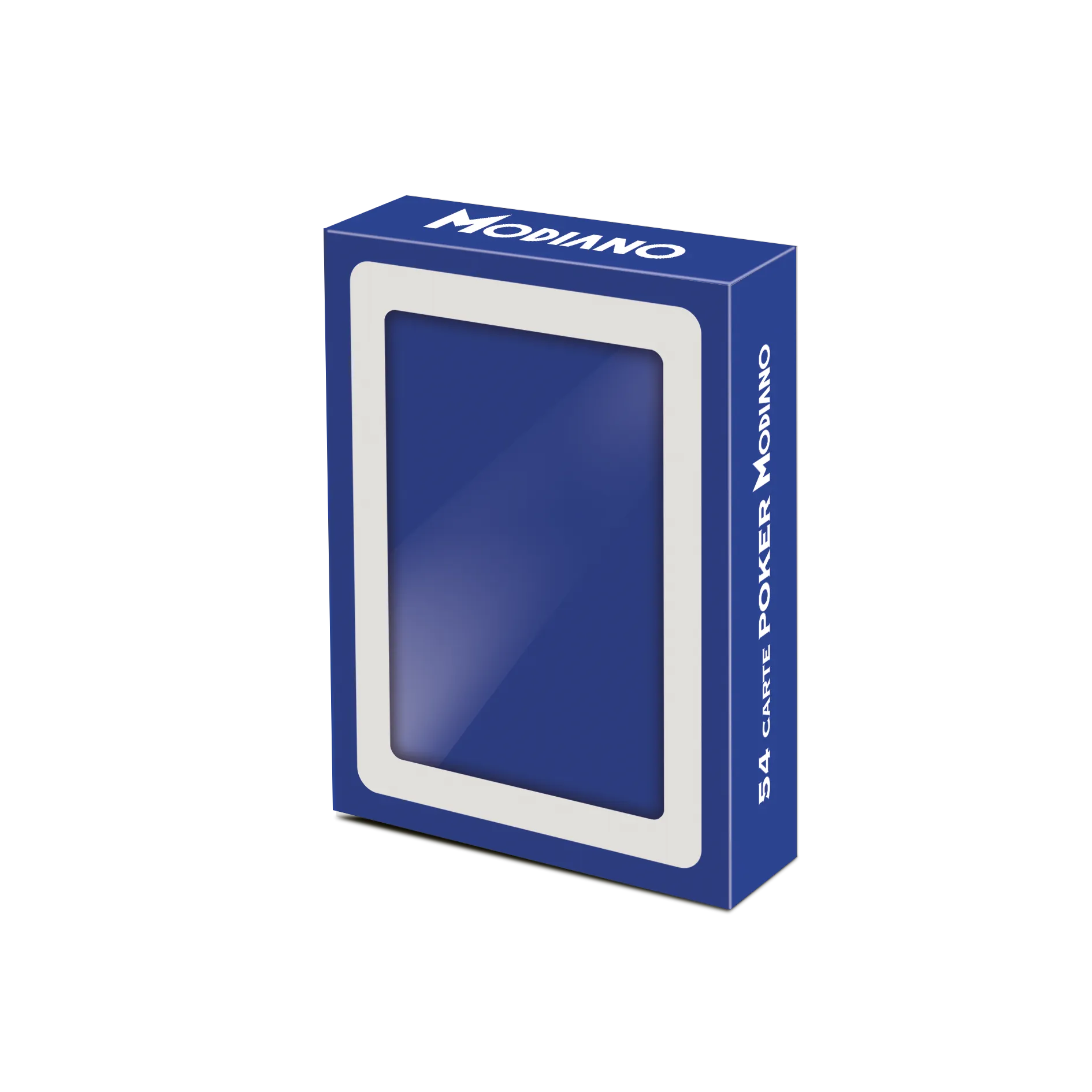 Blue card box with 'Modino' branding on a white background