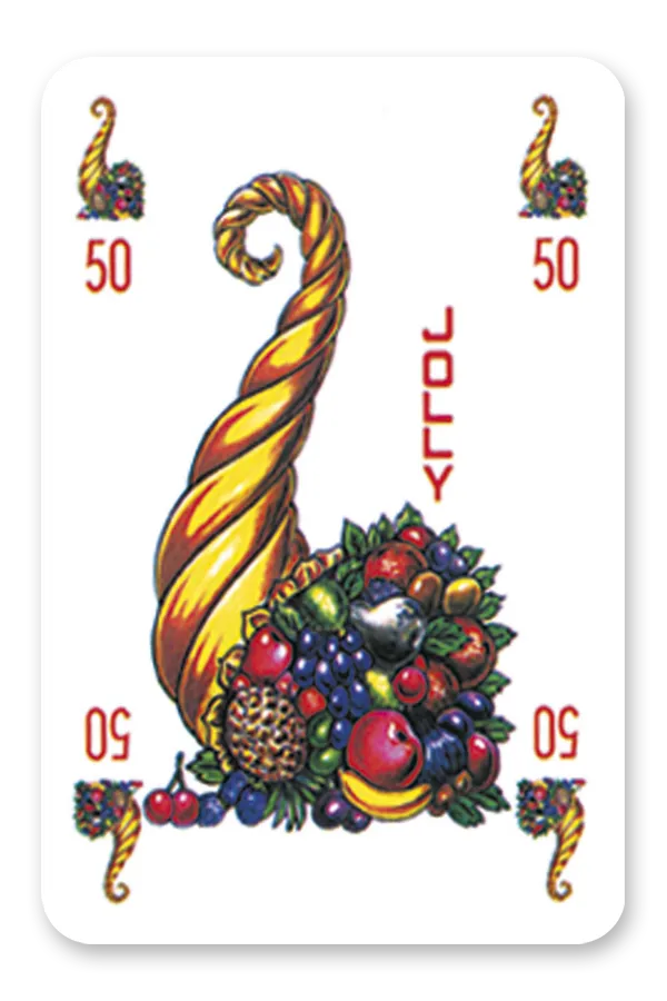 Modiano Fruit-Themed Canasta card with a colorful design of a cornucopia filled with fruits and vegetables, surrounded by decorative elements.