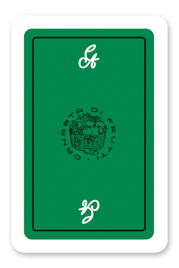 Modiano Fruit-Themed Canasta green card back with white text and symbols on a white background