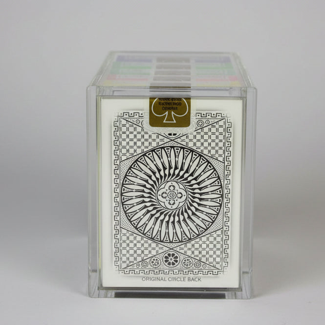 Carat X6 clear acrylic half brick case displaying six colorful Tally-Ho playing card decks