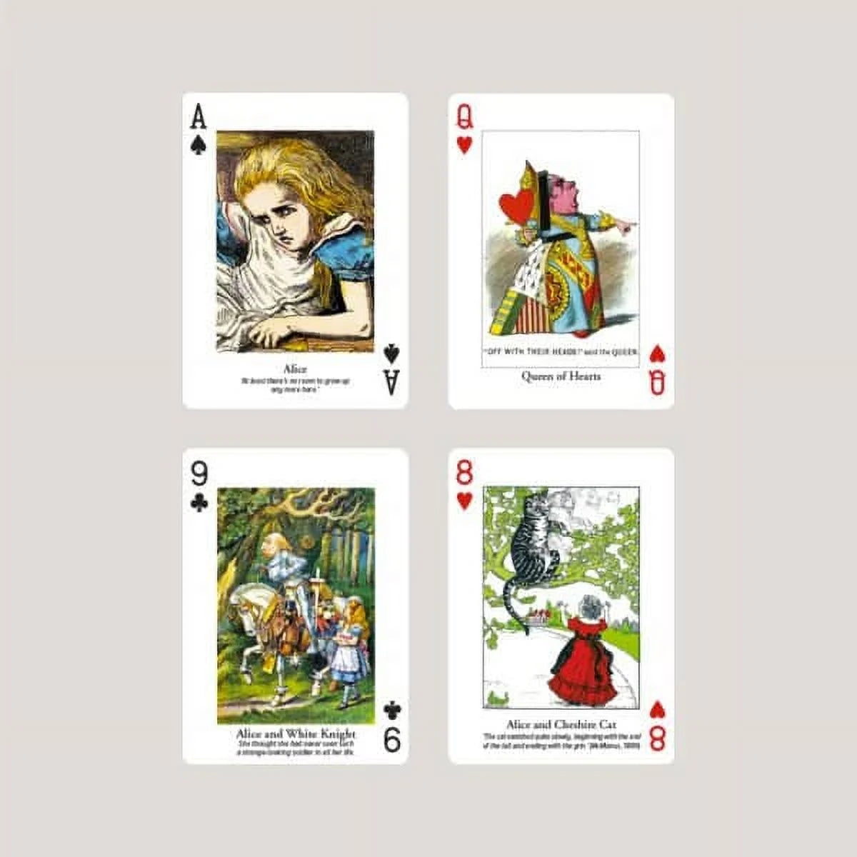 Four playing cards featuring characters from Alice in Wonderland on a light gray background.