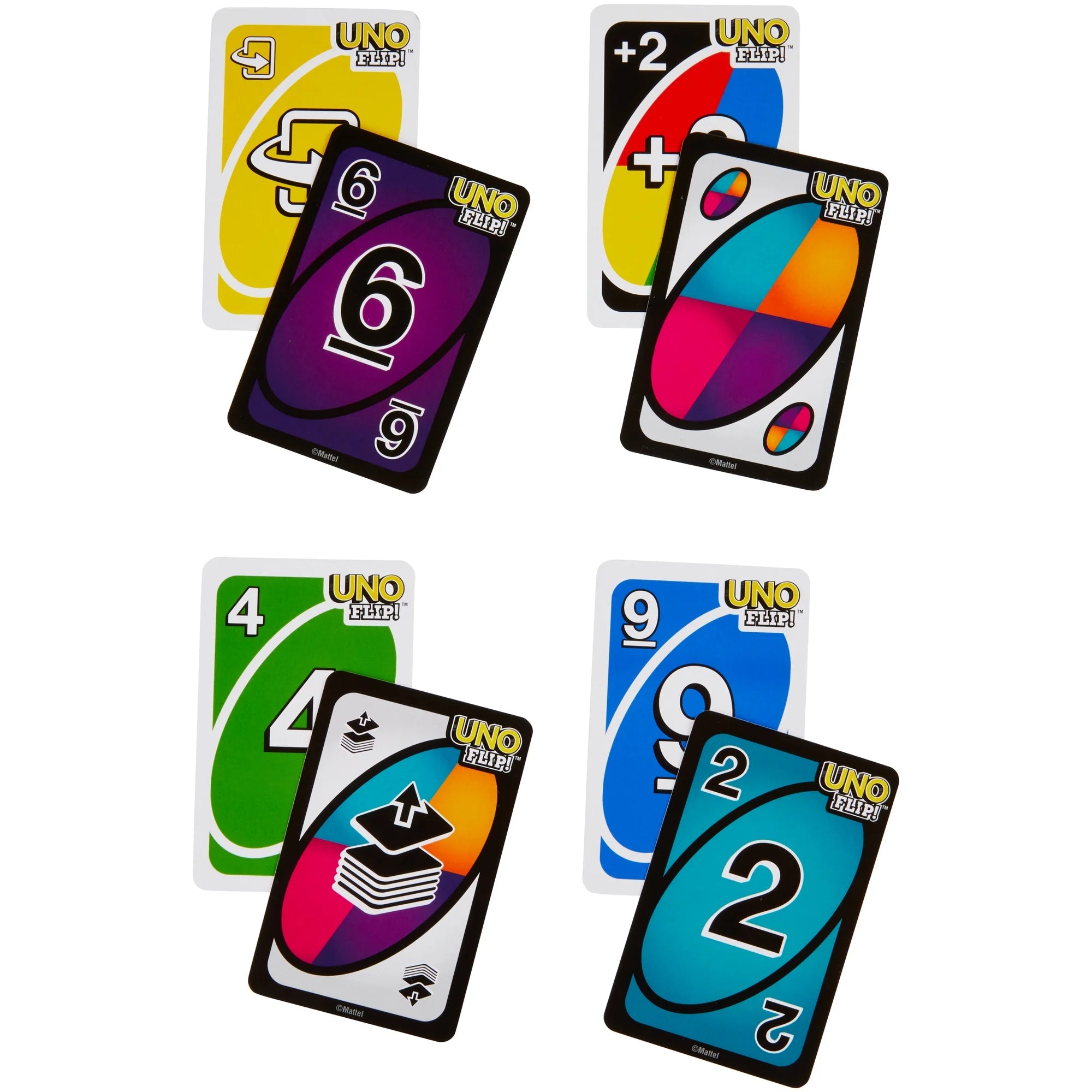 Collection of Uno Flip game cards on a white background