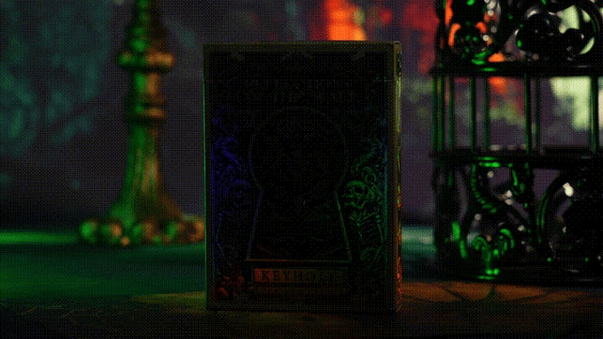 Dark card with glowing text in a mystical setting with green lanterns and trees.
