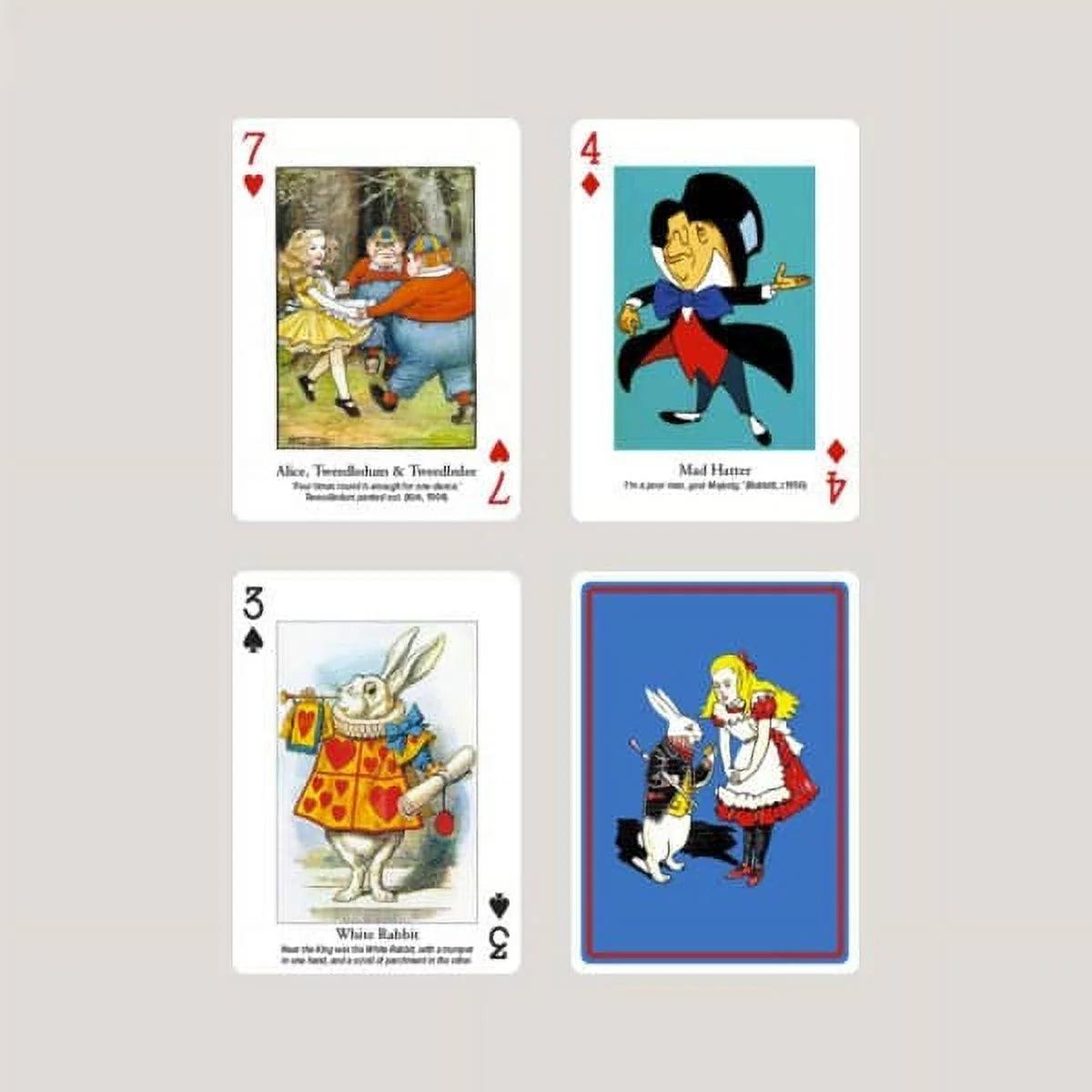 Four playing cards featuring characters from a famous animated film on a light gray background.