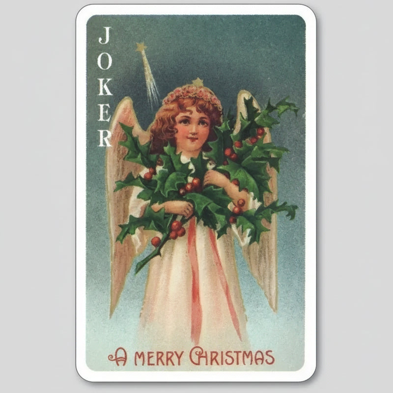 Vintage-style Christmas card with an angel holding a holly wreath, labeled 'Joker'.