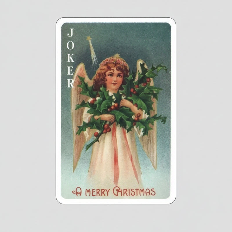 Vintage-style Christmas card with an angel holding a holly wreath, labeled 'Joker'.