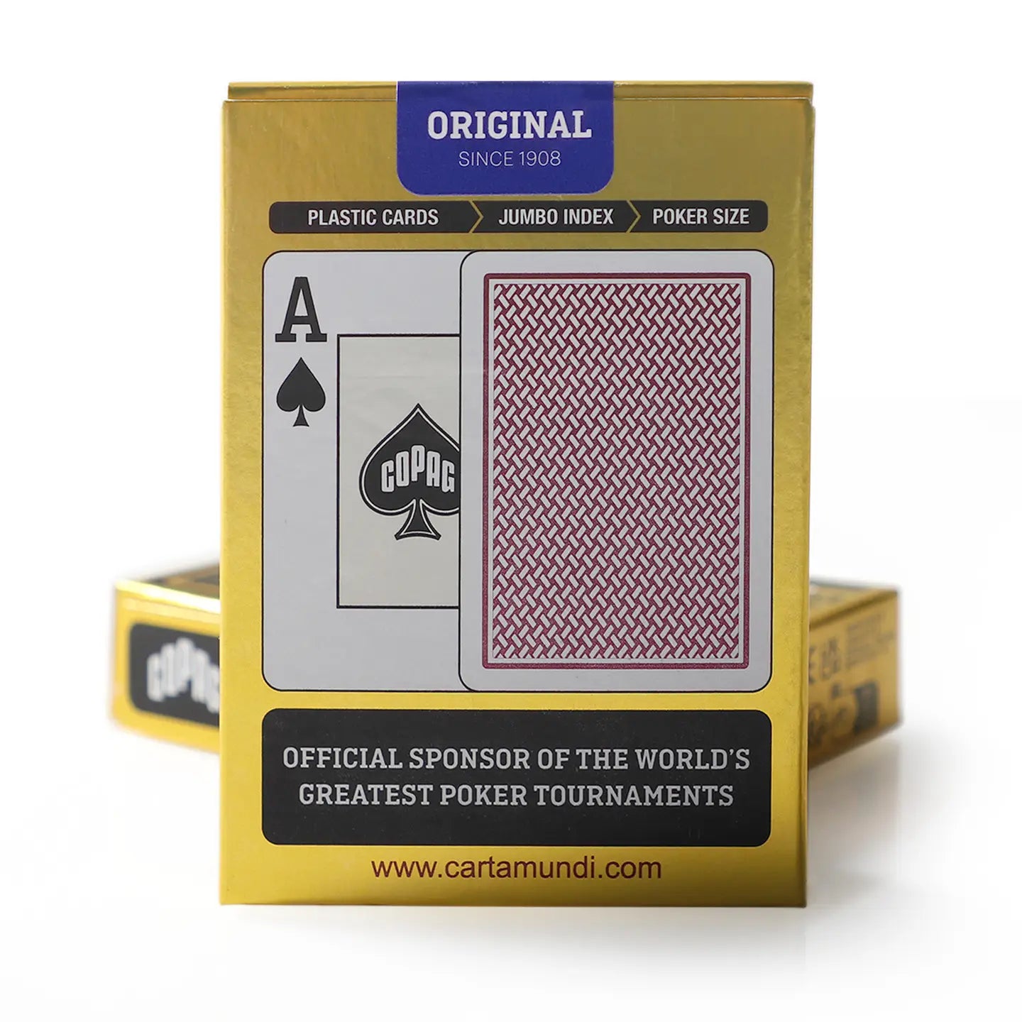 Gold packaging of playing cards with a card displaying the Ace of Spades on a white background