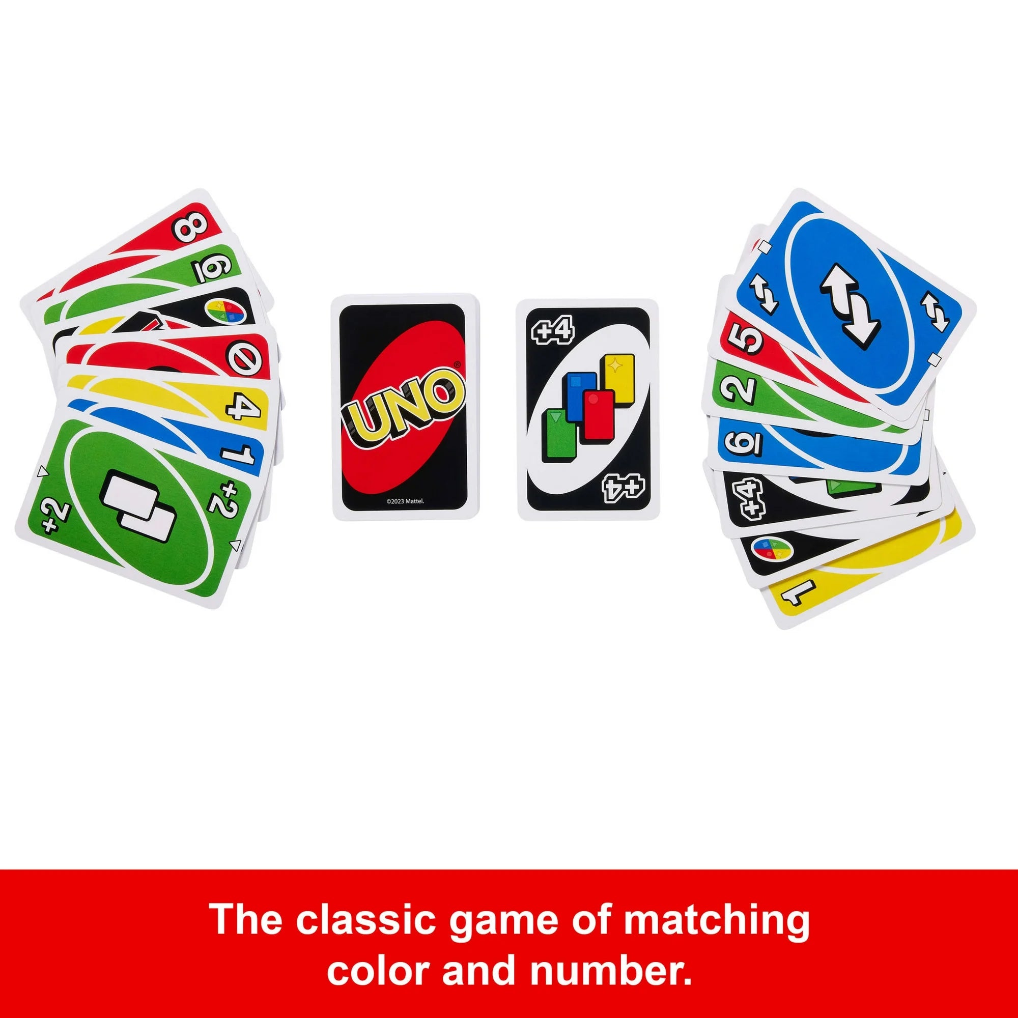 UNO card game cards on a white background with 'The classic game of matching color and number' text.