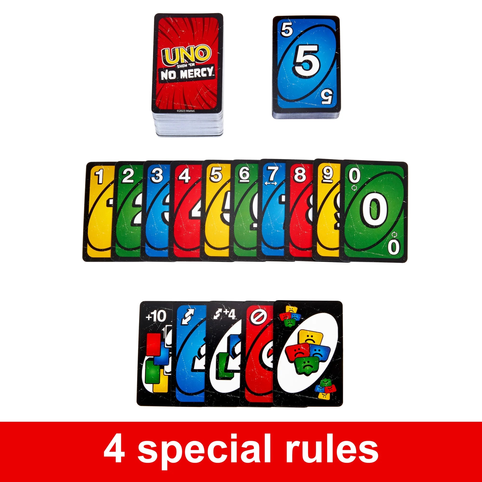 Collection of Uno Show Em No Mercy cards with different colors and symbols on a white background
