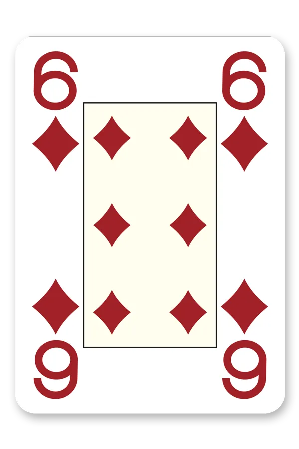 Six of diamonds playing card with red symbols on a white background